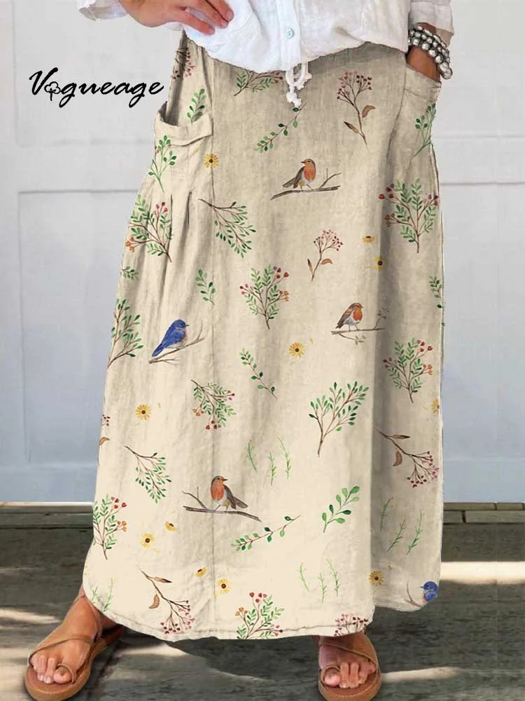 Simple Plant Sparrow Printed Women's Casual Cotton And Linen Skirt