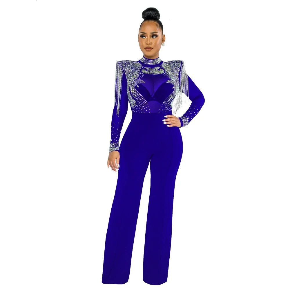 CM.YAYA Women Jumpsuit Solid High Collar Hot Drill Mesh Shoulder Cotton Long Sleeves Long Straight Jumpsuit Sexy Party Outfits