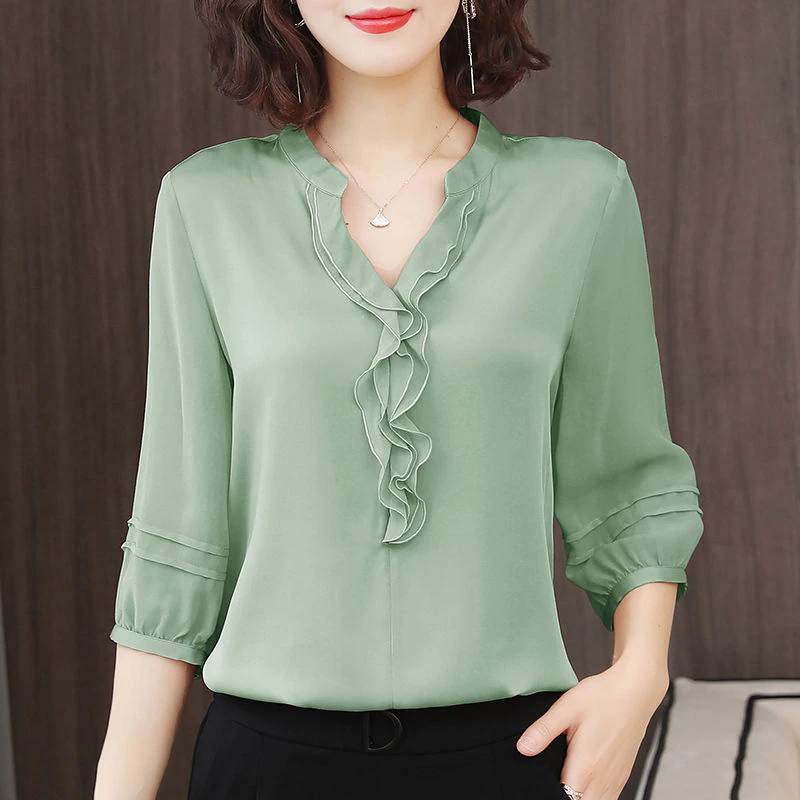 Women Chiffon Half Lantern Sleeve V-Neck Ruffles Decor Shirts