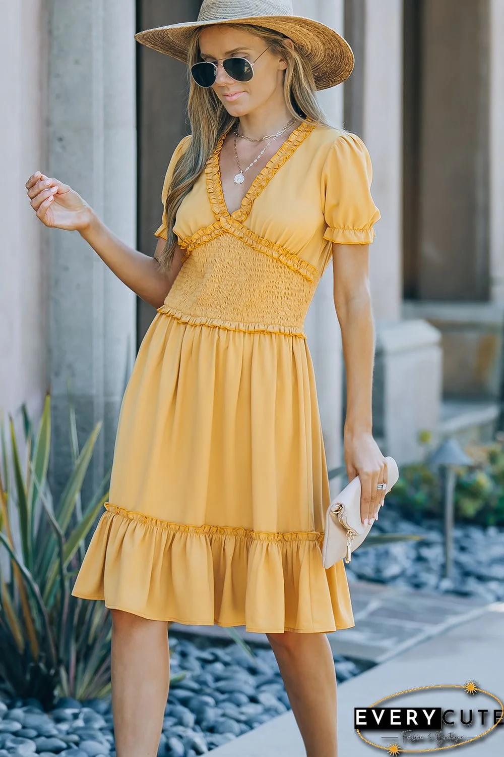 Yellow Frilled Shirred High Waist V Neck Midi Dress