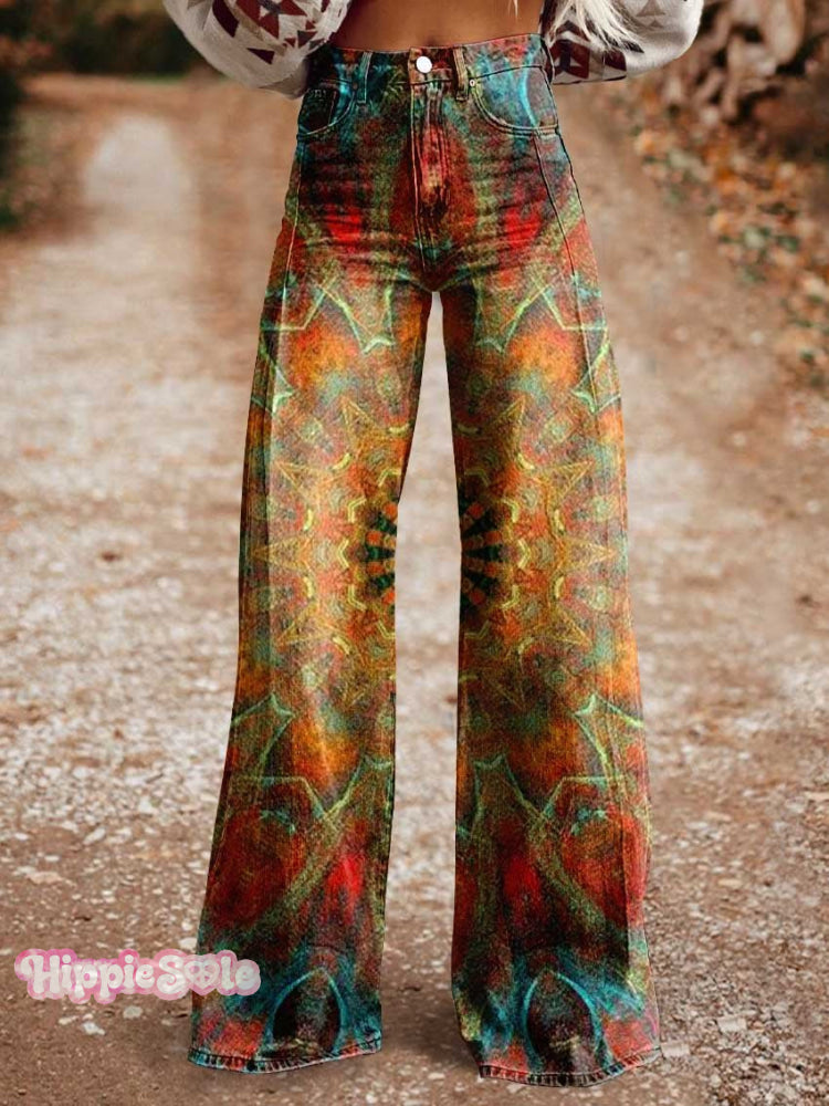 Women’s Retro Ethnic Totem Pattern Love And Peace Print Casual Wide Leg Pants Multicolor / Xs