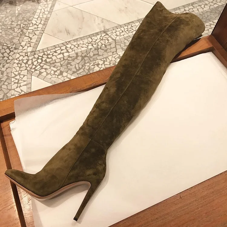 Olive Suede Over the Knee Heel Boots Vdcoo