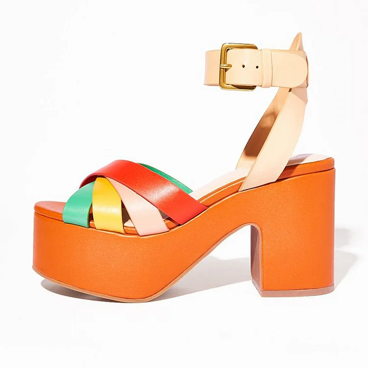 Multicolor Platform Chunky Heels Women'S Open Toe Strappy Sandal Summer Party Shoes |FSJ Shoes
