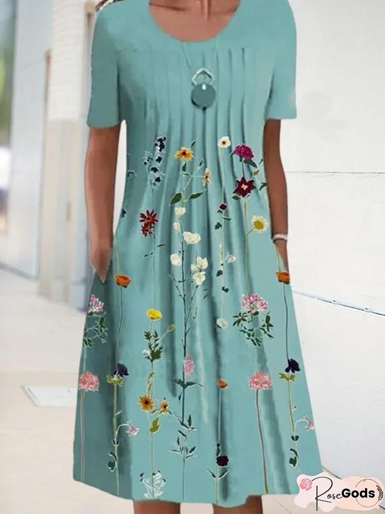 Floral Tunic Round Neckline Midi A-Line Dress