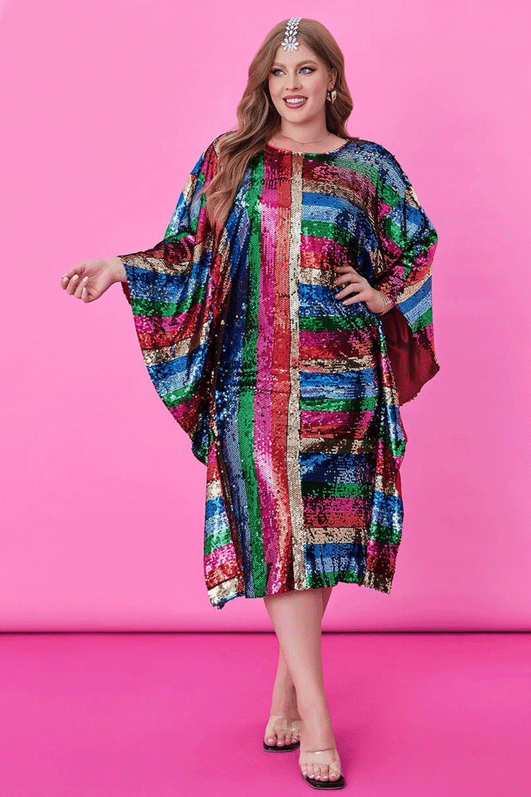 Xpluswear Design Plus Size Multicolor Party Round-neck Ruffle Rainbow Sequin Kaftan Midi Dresses 