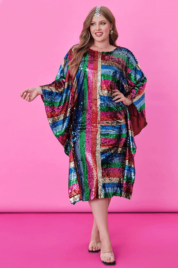 Xpluswear Design Plus Size Multicolor Party Round-neck Ruffle Rainbow Sequin Kaftan Midi Dresses [Pre-Order]