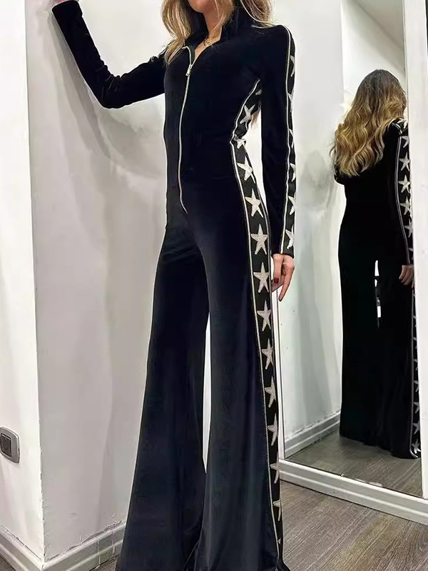 Star-print Velvet Patchwork Zipped Wide-leg Jumpsuit
