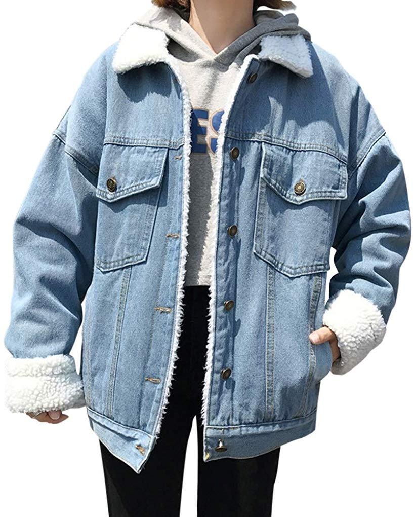 Women's Oversized Sherpa Fur Lined Denim Trucker Jacket Boyfriend Jean Coat