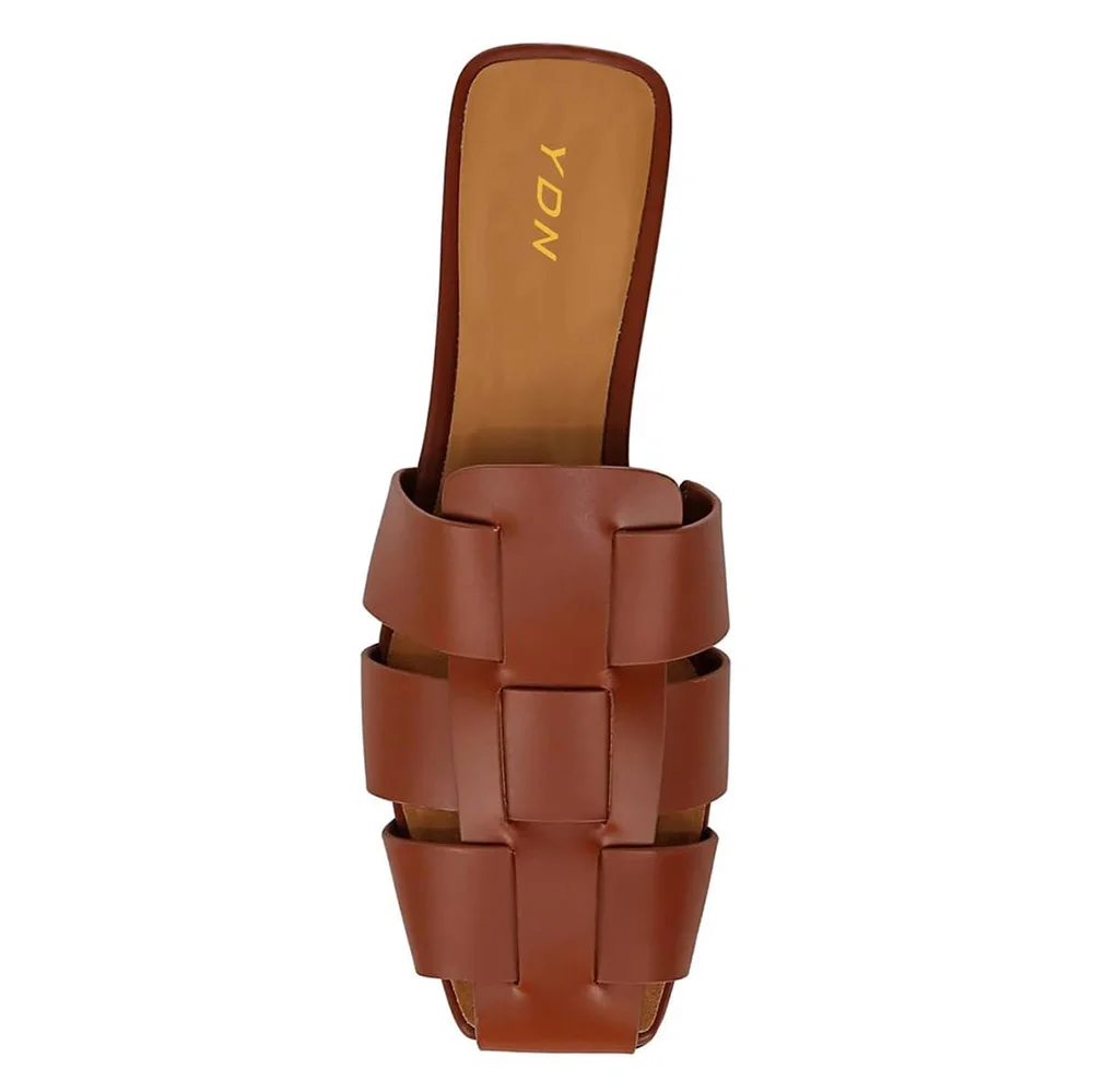 Brown Vegan Leather Woven Detail Flat Mules Shoes with Square Toe