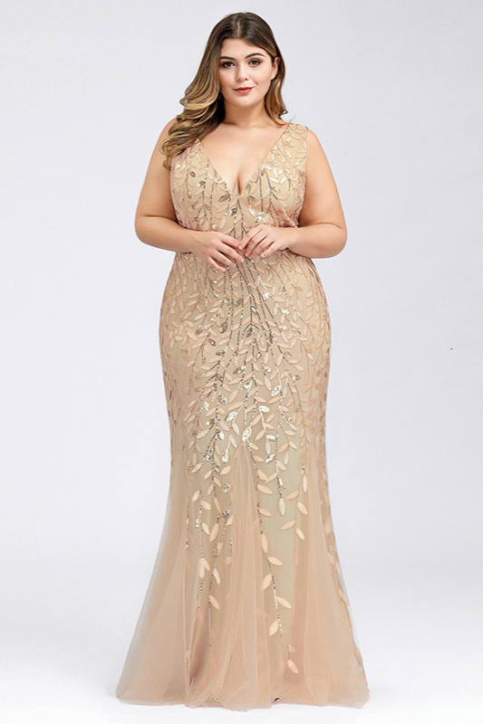 gold sequins v-neck sleeveless mermaid plus size prom dress