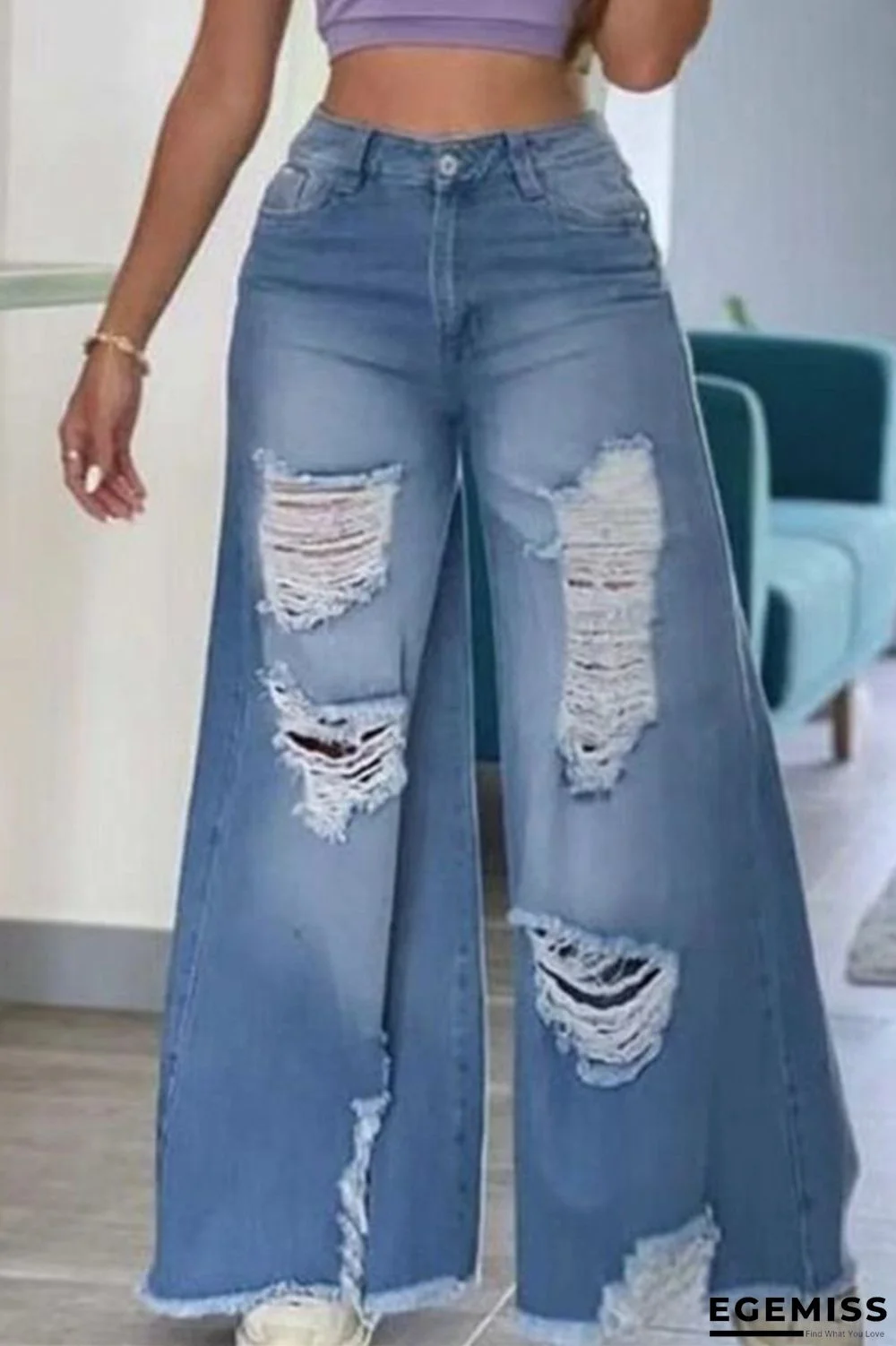 Baby Blue Fashion Casual Solid Ripped High Waist Regular Denim Jeans | EGEMISS