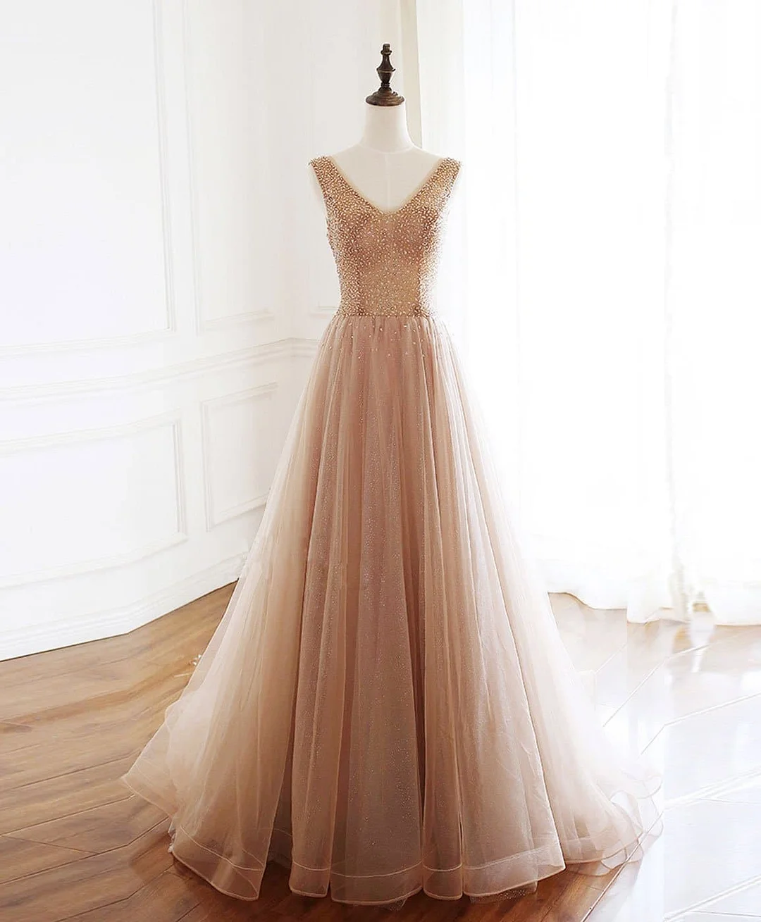 Champagne V Neck Tulle Beads Long Prom Dress Evening Dress