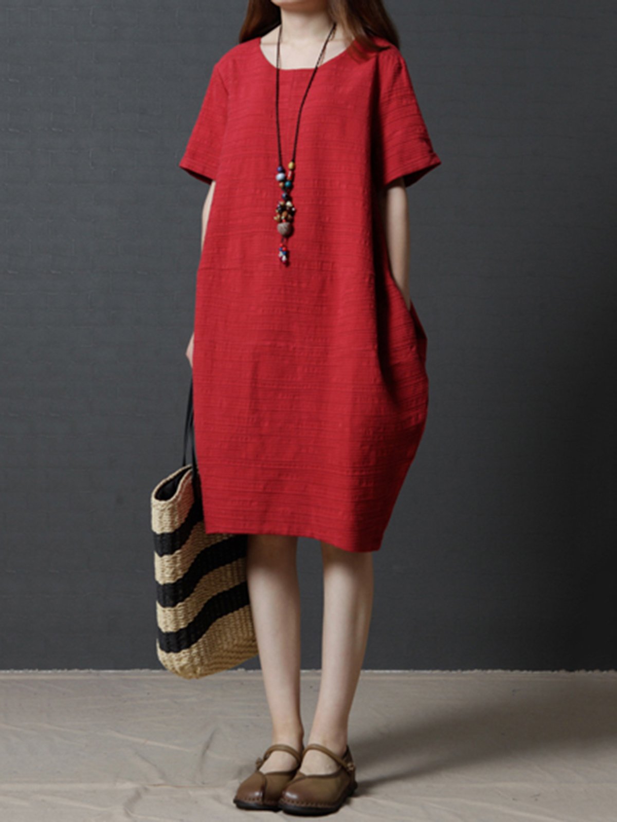 Red Cocoon Short Sleeve Casual Dress