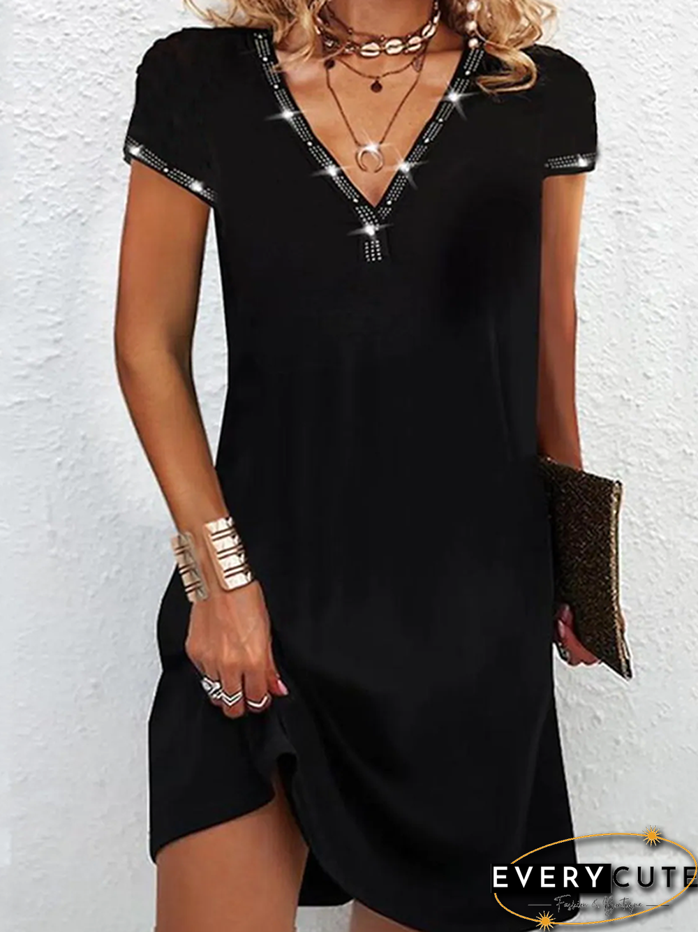 Plain V neck Casual Short Sleeve Knit Dress