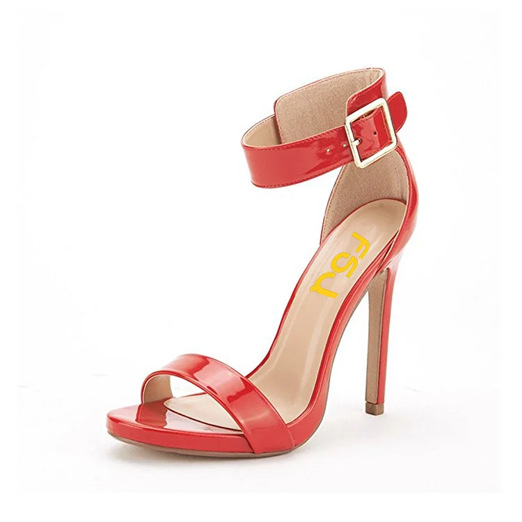 Red Ankle Strap Sandals Patent Leather Open Toe Stiletto Heels |FSJ Shoes