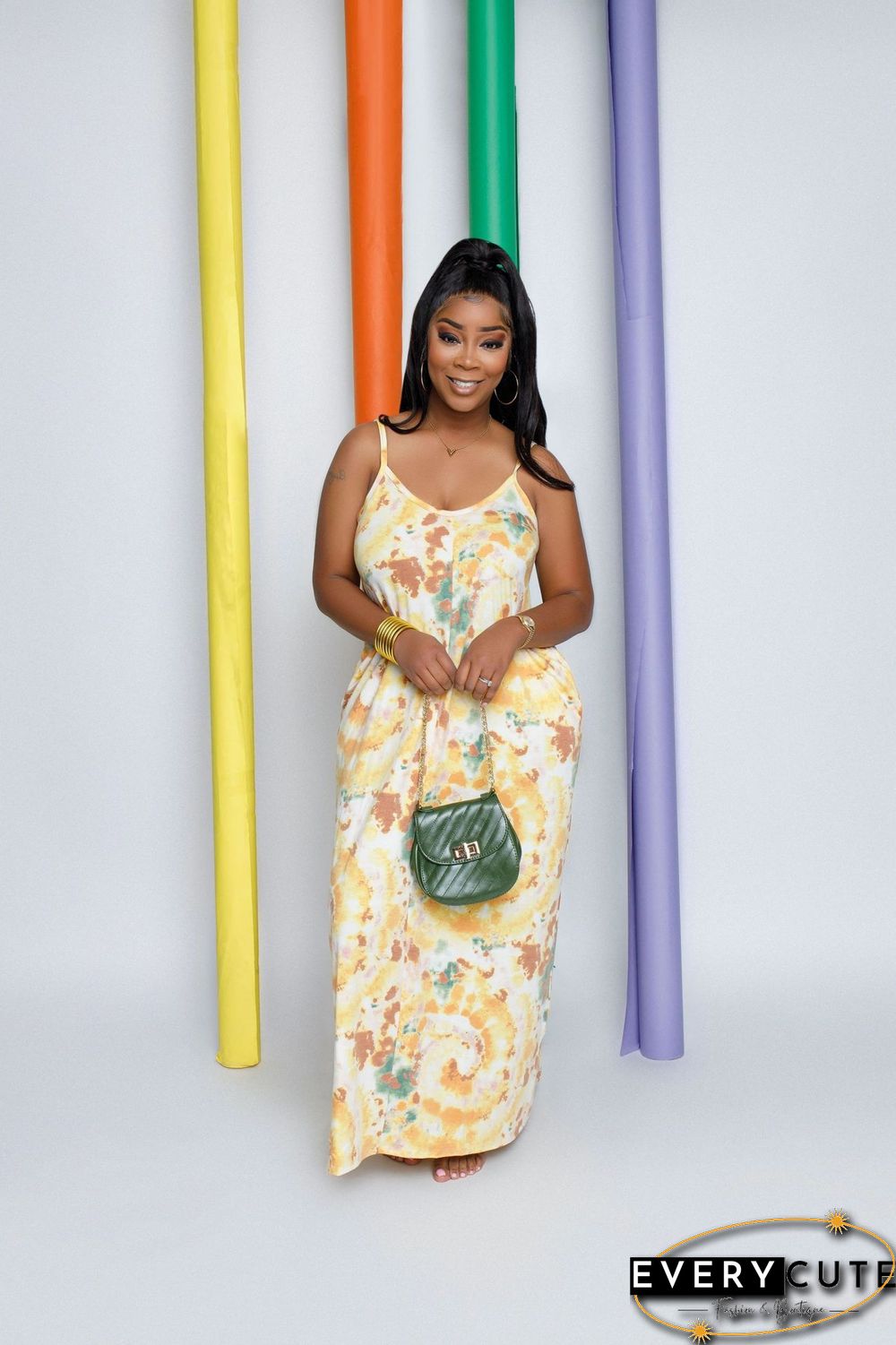 Printed Tie-dyed Sexy Sling V-neck Dress Long Skirt