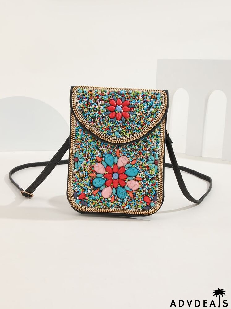 Colorblock Contrast Binding Beaded Decor Flap Square Bag