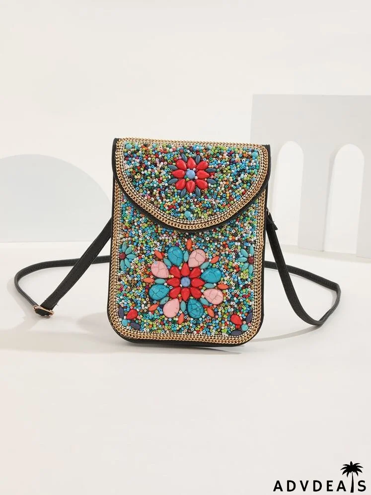 Colorblock Contrast Binding Beaded Decor Flap Square Bag