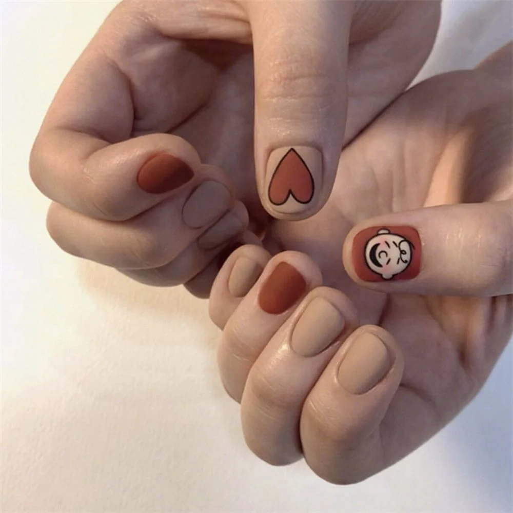 24pcs/box Middle length Ballet nude pink Color false nails with design with heart pattern artificial nails with jelly glue-Nail Inspo