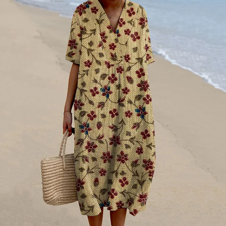 Vintage Floral Art Linen Blend Maxi Dress
