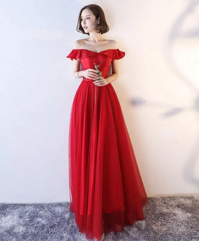 Red Off Shoulder Tulle Long A Line Prom Dress, Red Evening Dress
