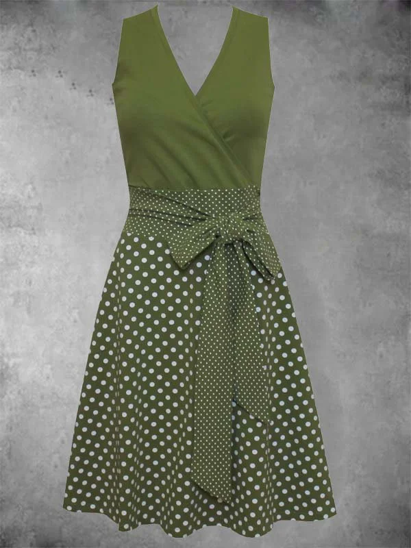 Cotton-Blend Casual V Neck Polka Dots Knitting Dress