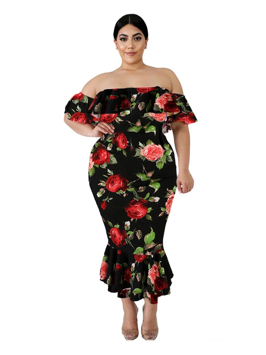 Plus Size Dress Slash Neck Floral  Maxi Long Dress