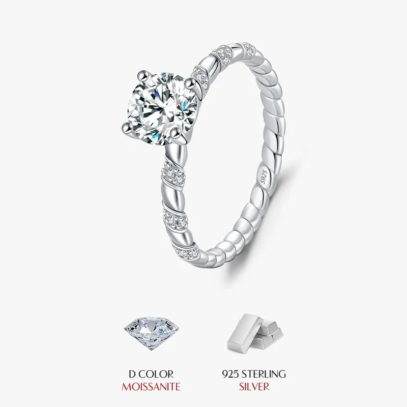 1.0ct Round Brilliant Cut Rhodium Plated 925 Sterling Silver 925 Sterling Silver Moissanite Round Rings Colorless(DEF) GRA Certificate VVS1-VVS2