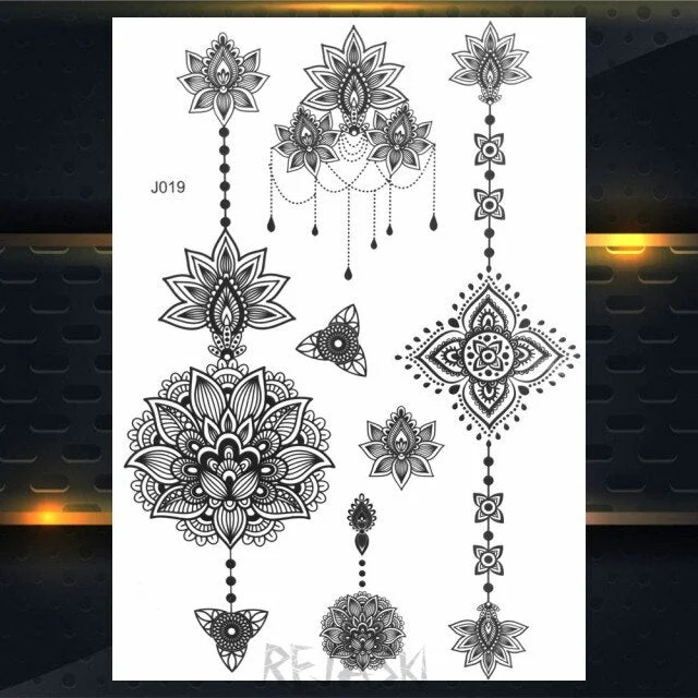 REJASKI Black Henna Lace Temporary Tattoos Sticker For WOmen Butterfly Moth Mehndi Flower Fake Tatoo Sticker Feather Flora Tatoo