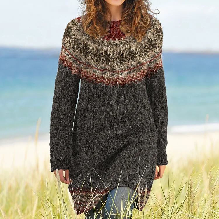 Utbros Vintage Geometry Color Block Pattern Cozy Sweater Dress