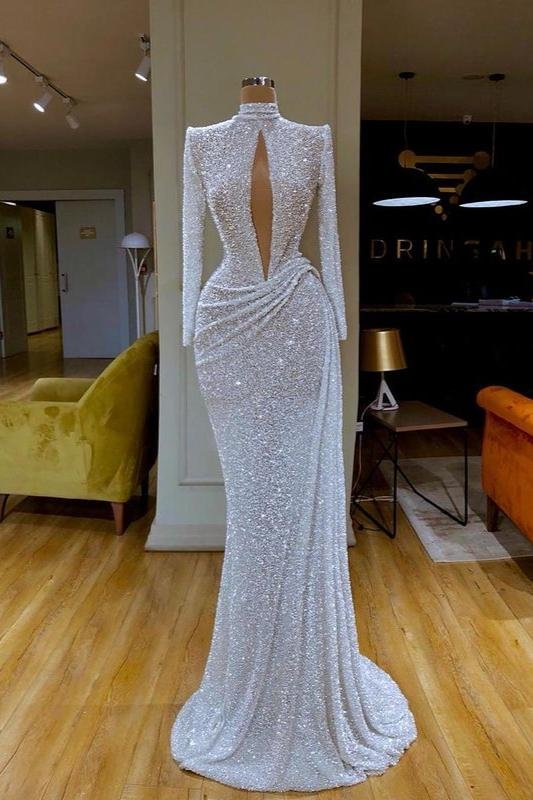White Sequins Keyhole Mermaid Prom Dress Long Sleevess - lulusllly