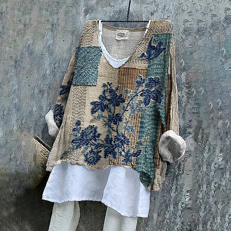 Floral Embroidered Japanese Sashiko Fiber Art Linen Blend Tunic