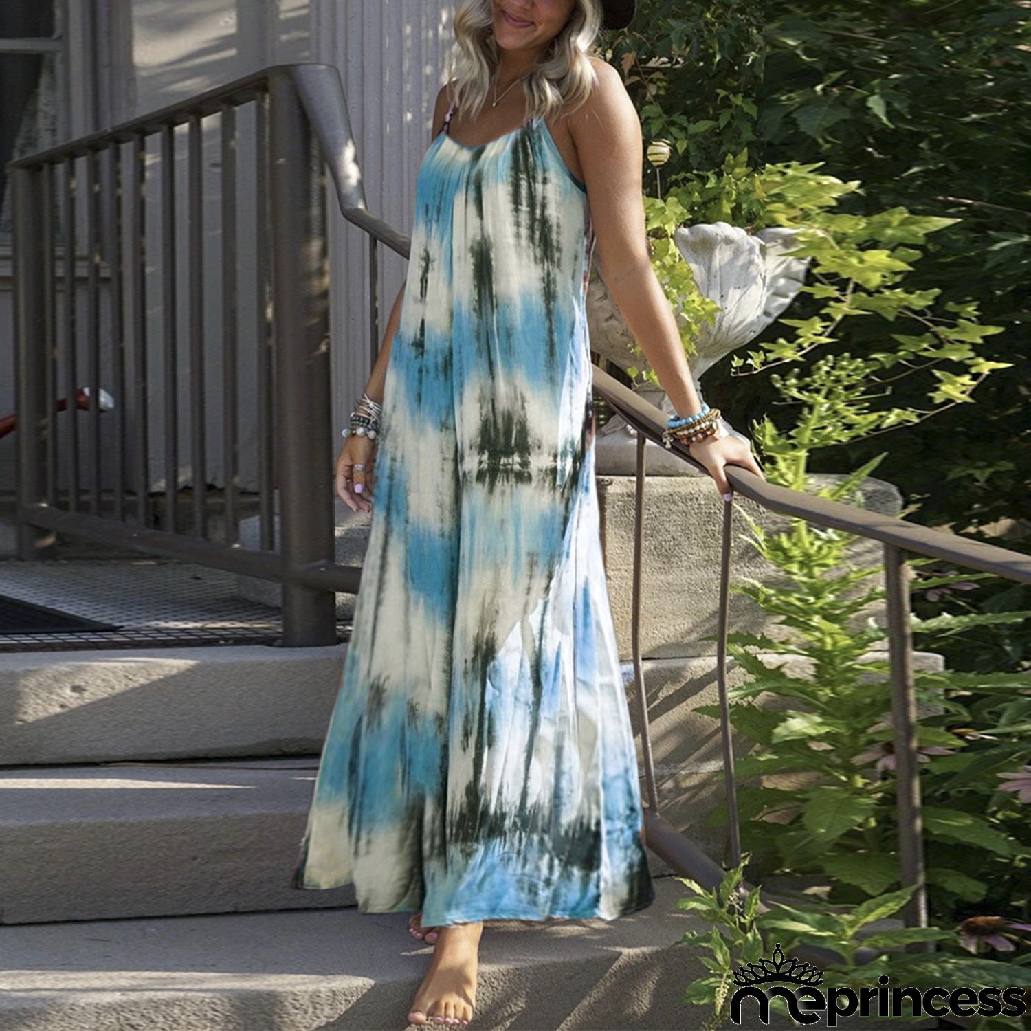 Women Casual Summer Vacation Tie Dye Print Loose Maxi Dress