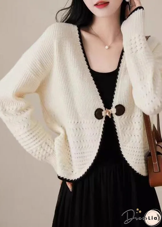 Women Beige V Neck Woolen Knit Cardigan Fall
