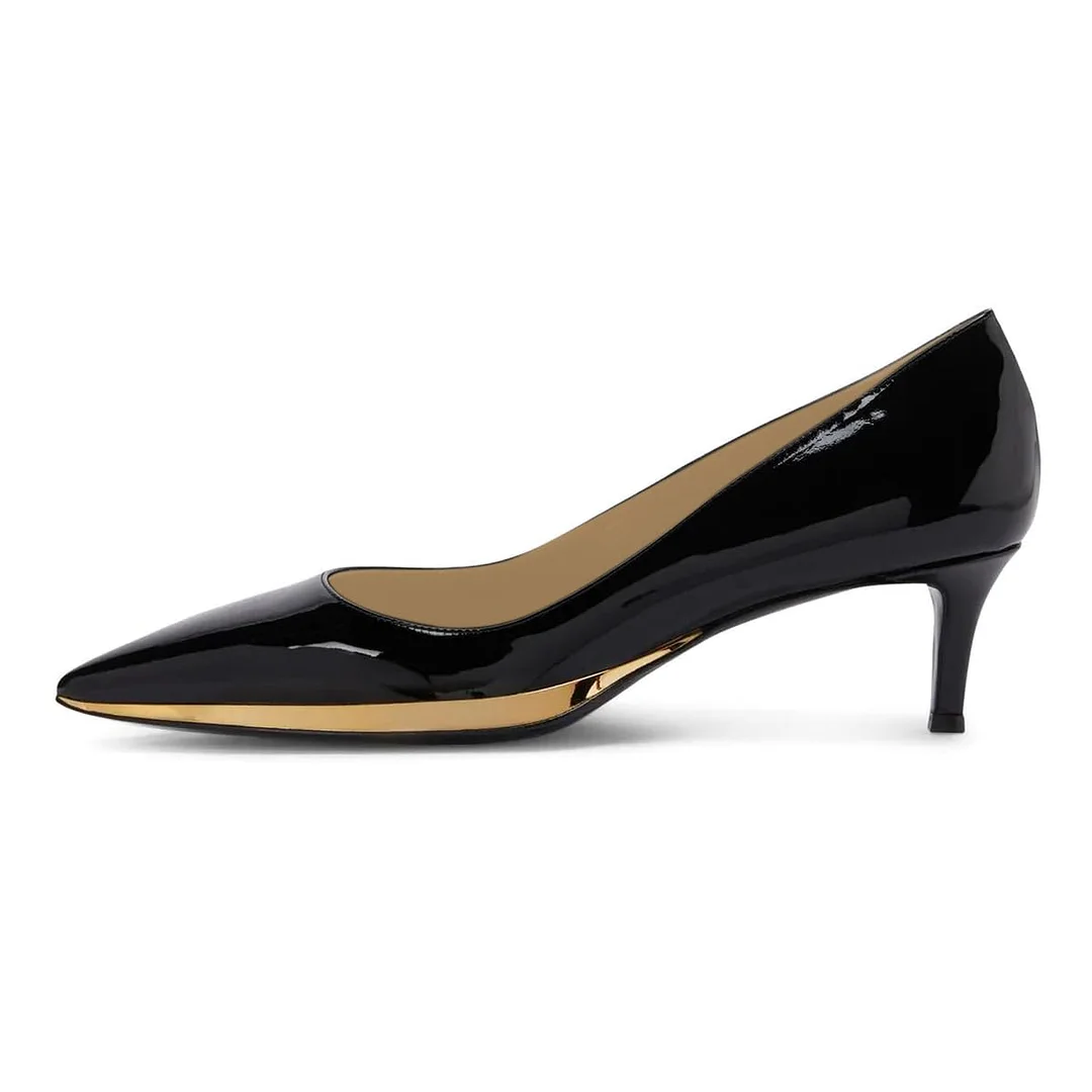 Patent Leather Pointed Gold Platform Heel Black Pumps for Ladies