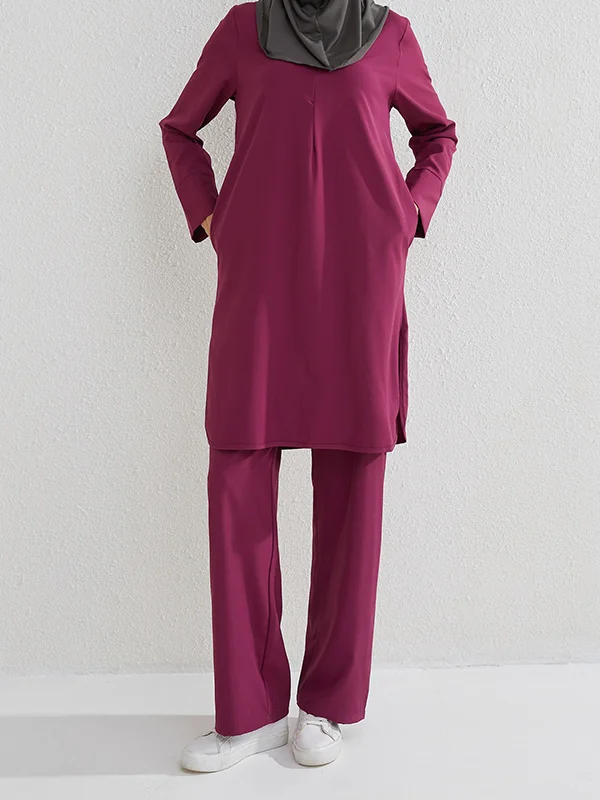 Long Sleeves Pockets Solid Color Split-Side Round-Neck Shirts Top + Pants Bottom Two Pieces Set