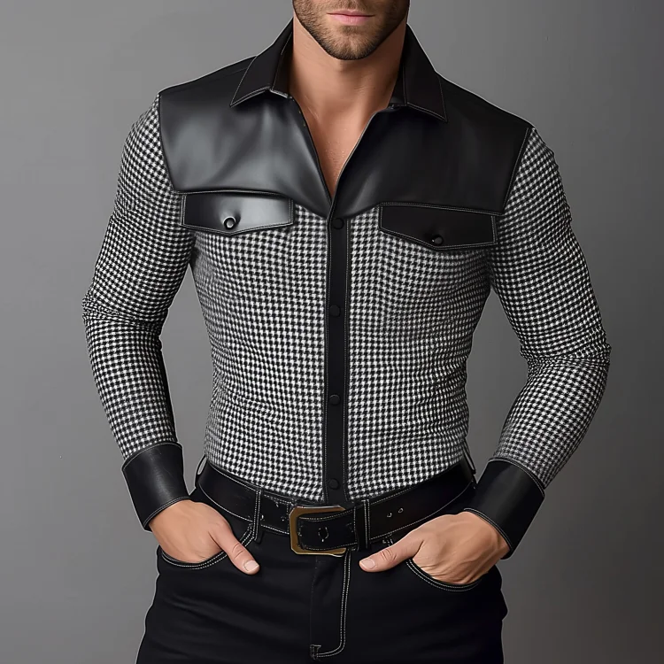 Okaywear PU Leather Patchwork Houndstooth Button Long Sleeve Shirt 