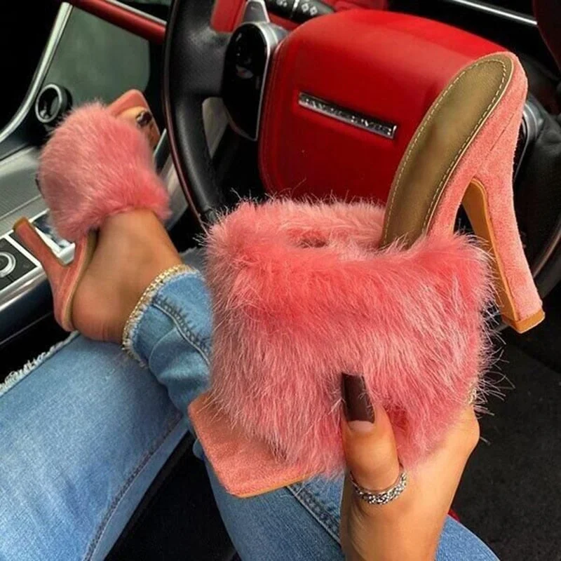 Vstacam  2022 Women New Summer Squared-toe Stiletto Heels Outdoor Plush One-word Slippers Sexy Furry Thin Heels Flip Flop Shoes Club