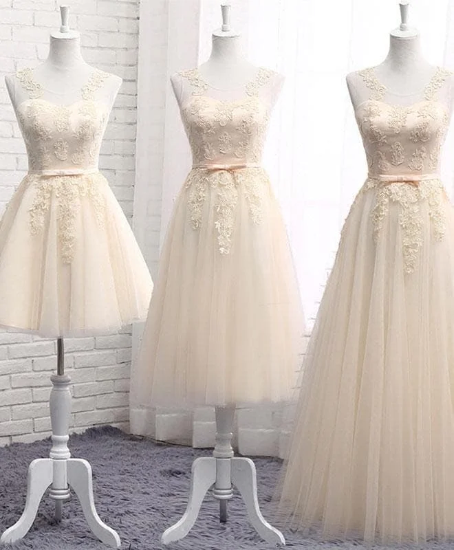 Champagne Round Neck Lace Tulle Prom Dress, Lace Evening Dress