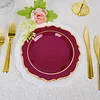 10 Pack | 8" Burgundy Plastic Dessert Salad Plates, Disposable Tableware Round With Gold Scalloped Rim