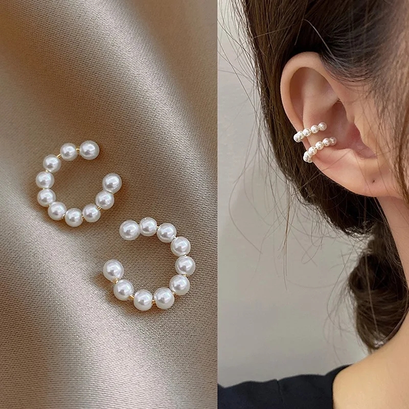 Megaarcadee Pearl Ear Cuff Clip Earrings Non-Piercing Bone C-shaped Ear Ring Without Puncture Minimalist Earrings for Women Fashion Jewelry
