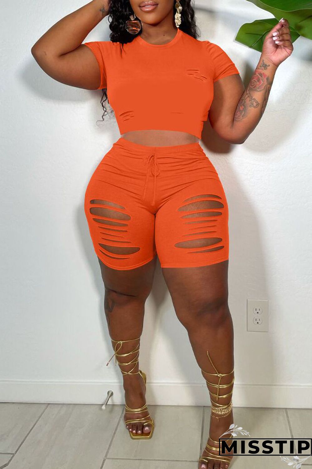 Black Casual Solid Ripped Patchwork O Neck Short Sleeve Two Pieces