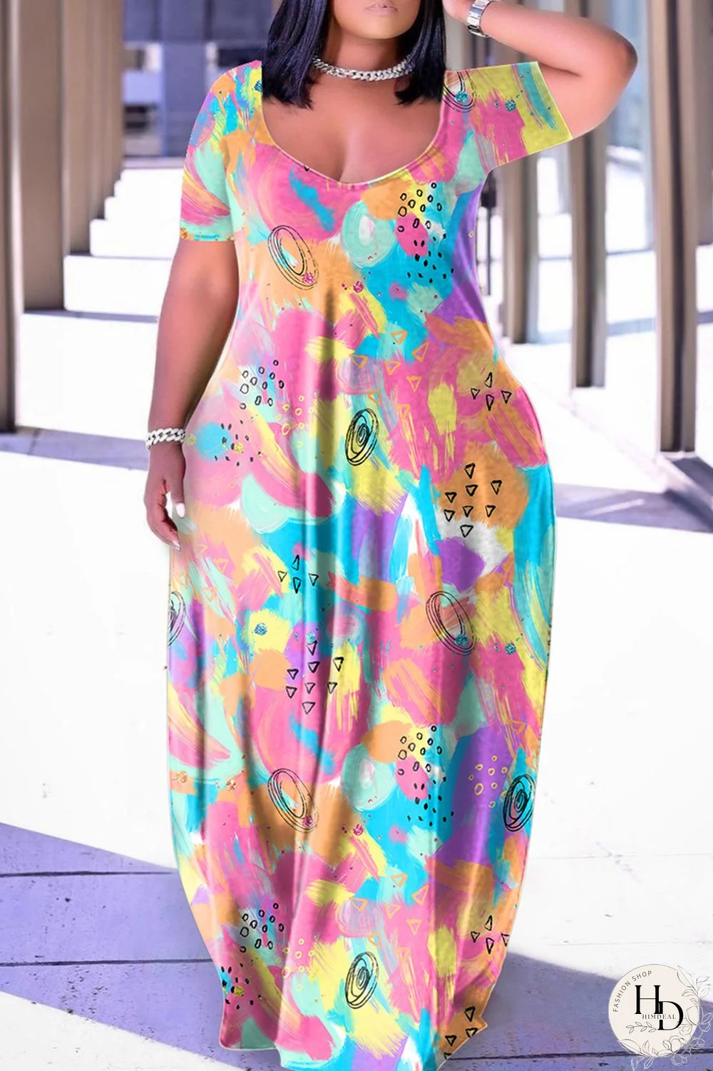 Pink Casual Print Basic V Neck Short Sleeve Dress Dresses