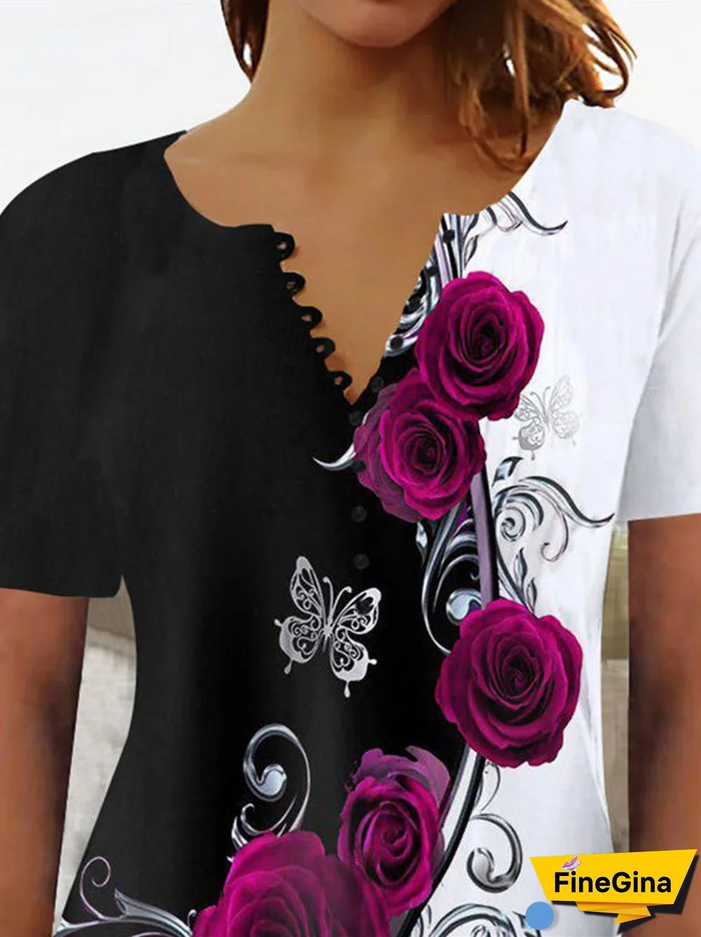 Women's Short Sleeve V-Neck Graphic Floral Printed Top