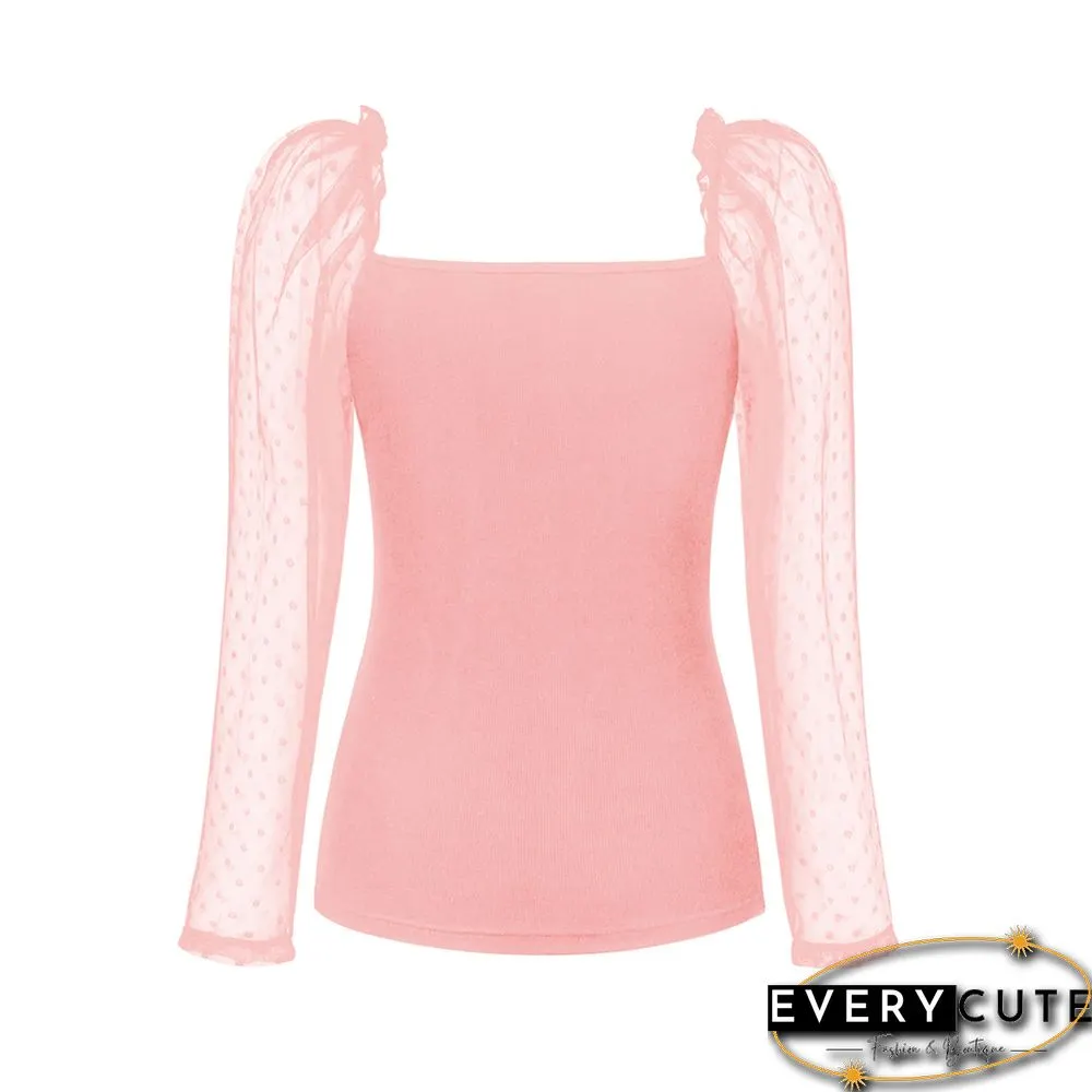 Pink Slim Fit Ribbed Splicing Lace Long Sleeve Tops