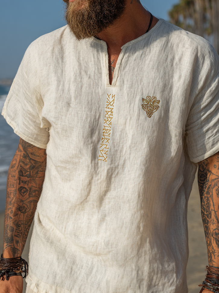 Men's Vintage Viking Distressed Runes Design Linen Shirt / Rvogue / Rvogue