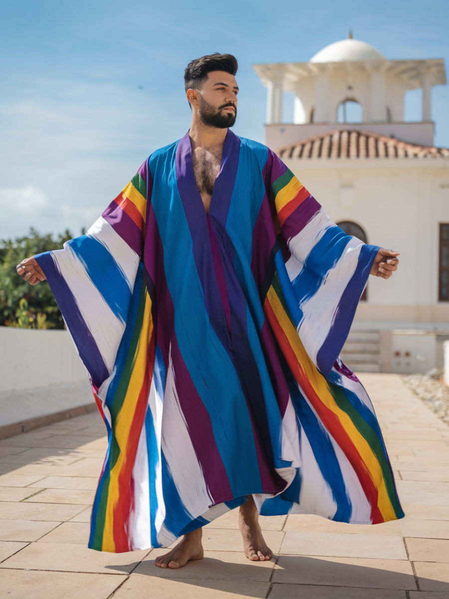 Men's Blue Striped Polyester V Neck Robe