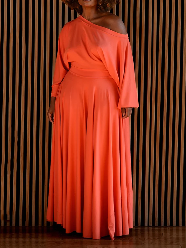 Solid Color High Waisted Long Sleeves One-Shoulder Maxi Dresses