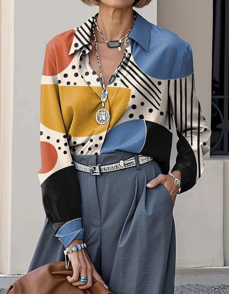 Elegant Abstract Geometric Art Print Lapel Casual Long Sleeve Shirt