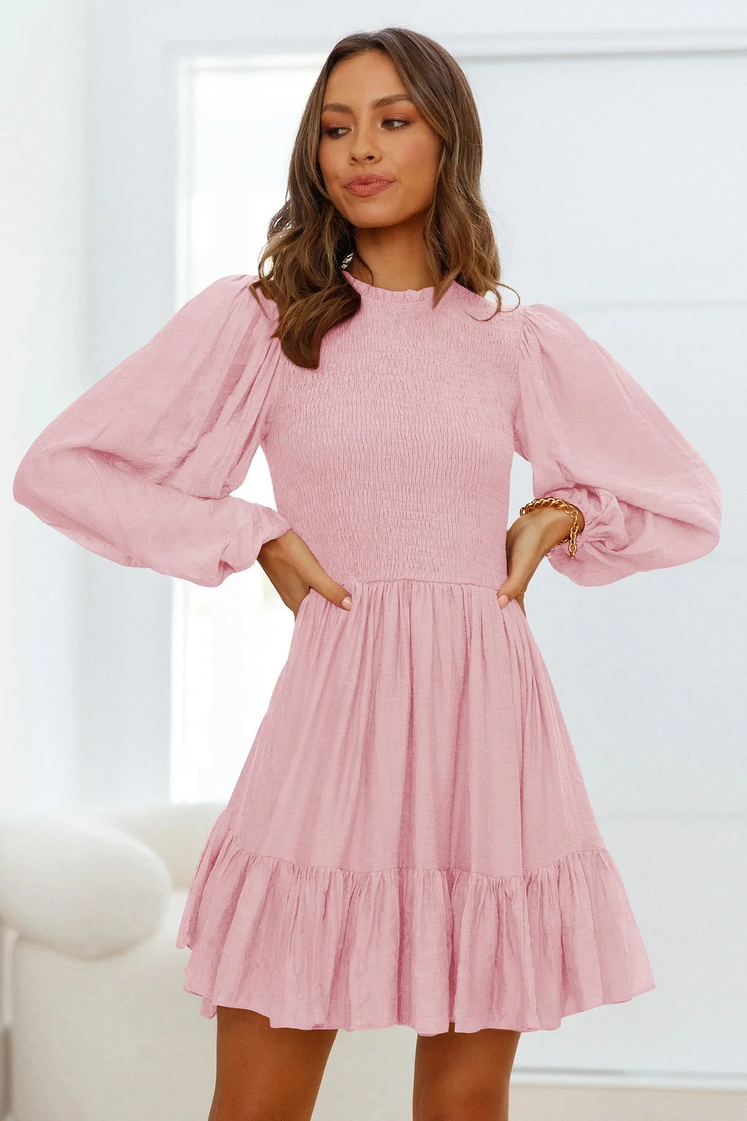 Brownm Commute Autumn Fashion Women's Long-sleeved Ruffled Elegant Dress